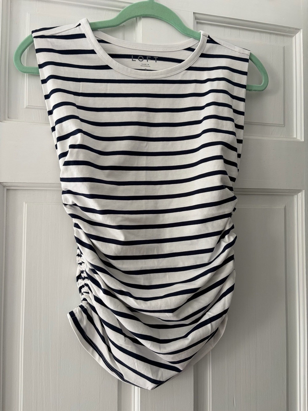 LOFT Navy and White Striped Sleeveless Ruched Tank